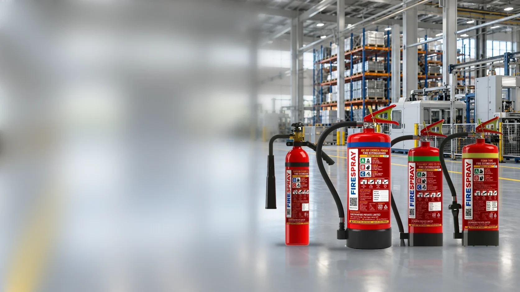 FireSpray CO2, ABC, clean agent and foam fire extinguishers in a factory