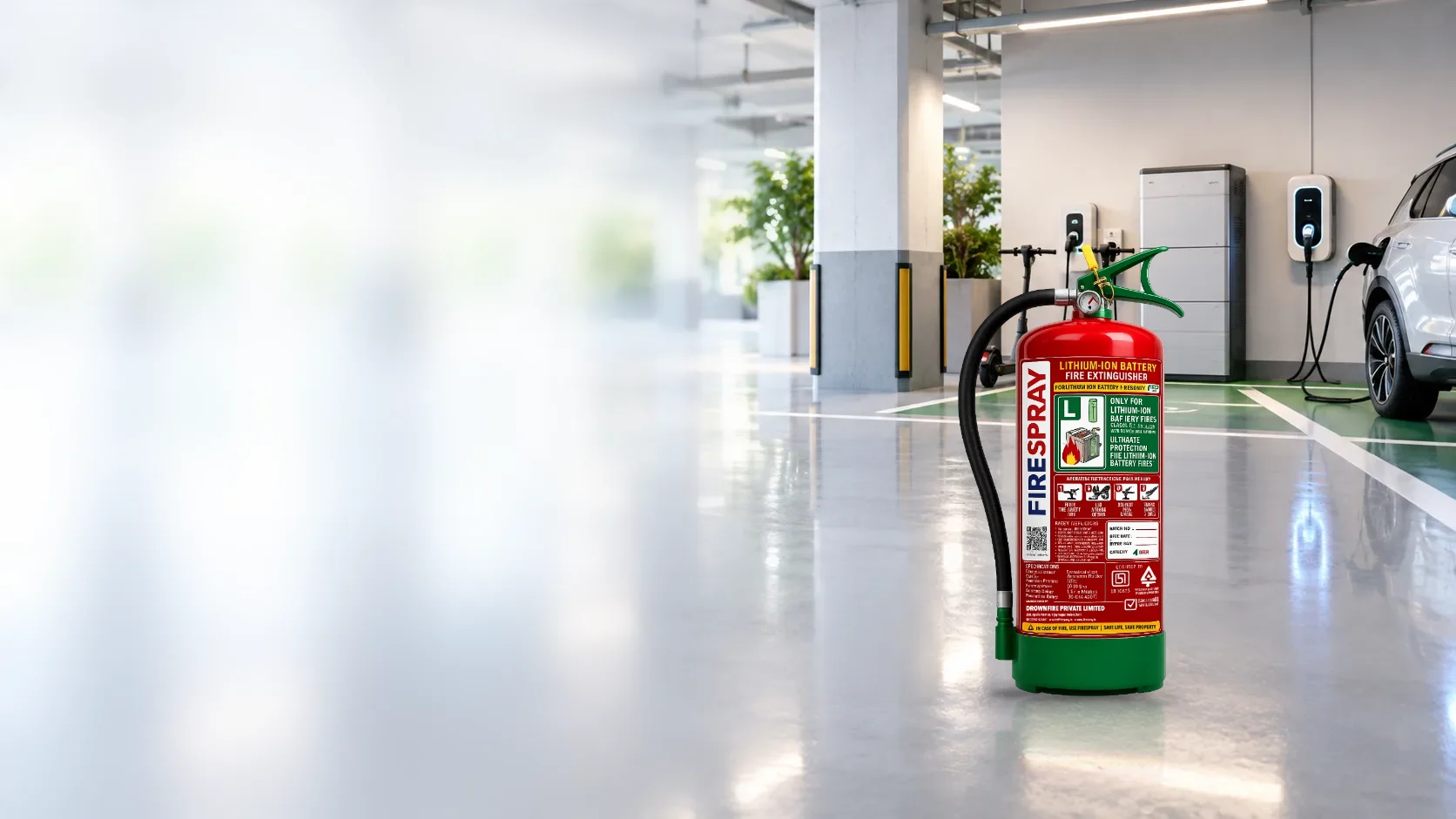 FireSpray lithium-ion battery fire extinguisher at an EV charging point
