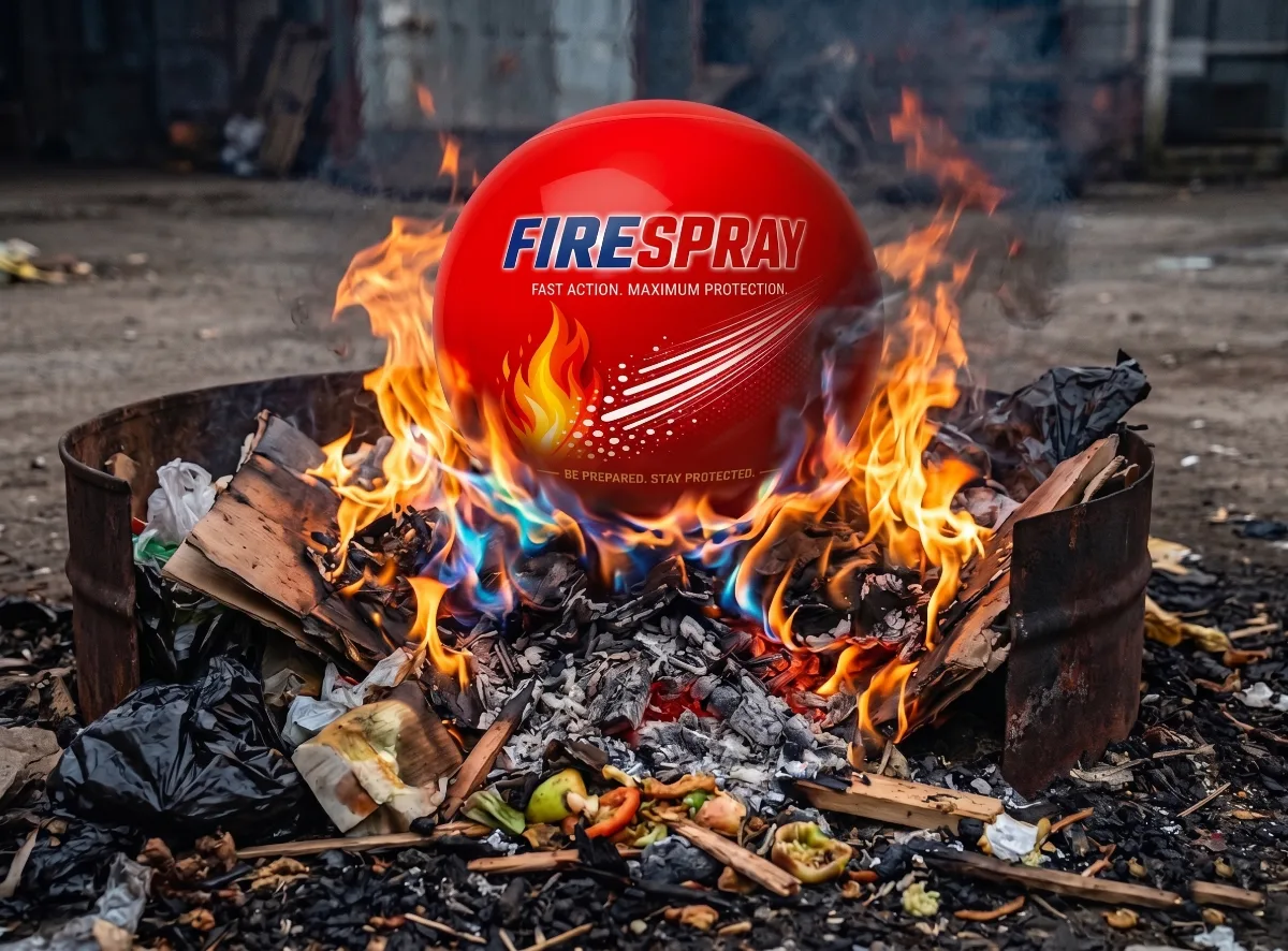 FireSpray fire ball in a burning bin, activating on contact with flame
