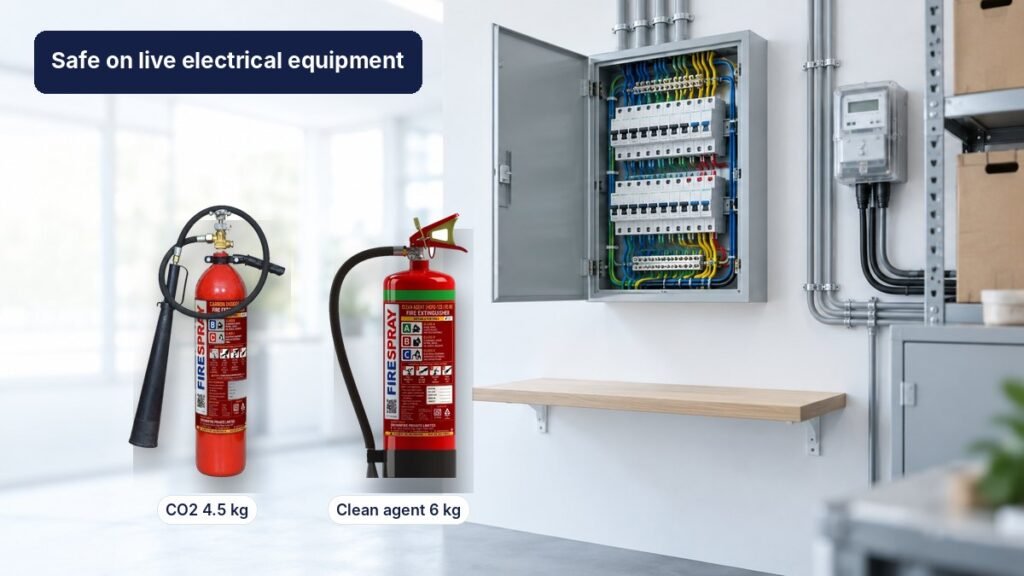CO2 and clean agent fire extinguishers mounted beside an open electrical distribution panel in a utility room, the two extinguishers safe for electrical fires in India