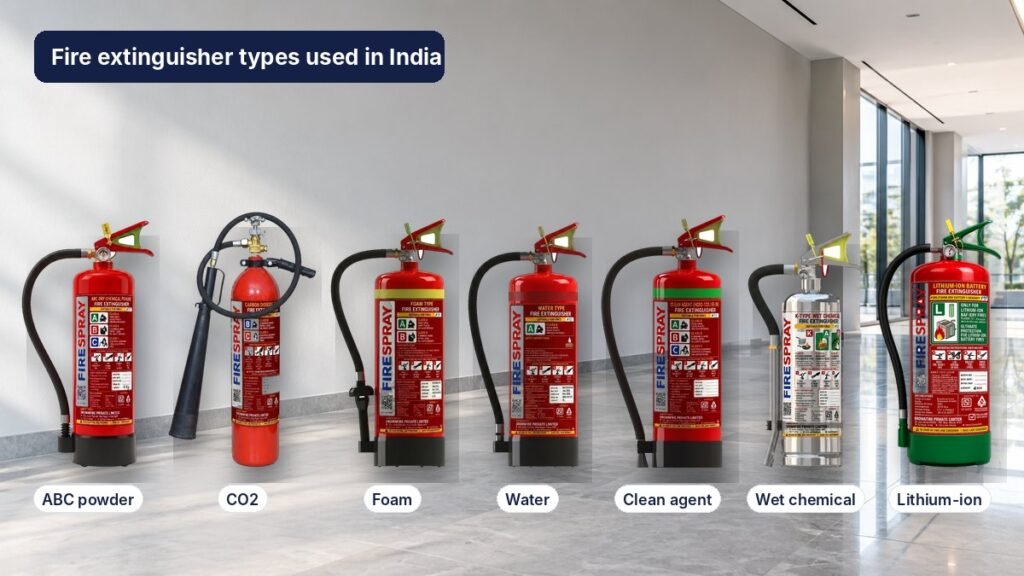 Seven fire extinguisher types used in India lined up in an office lobby: ABC powder, CO2, foam, water, clean agent, wet chemical and lithium-ion
