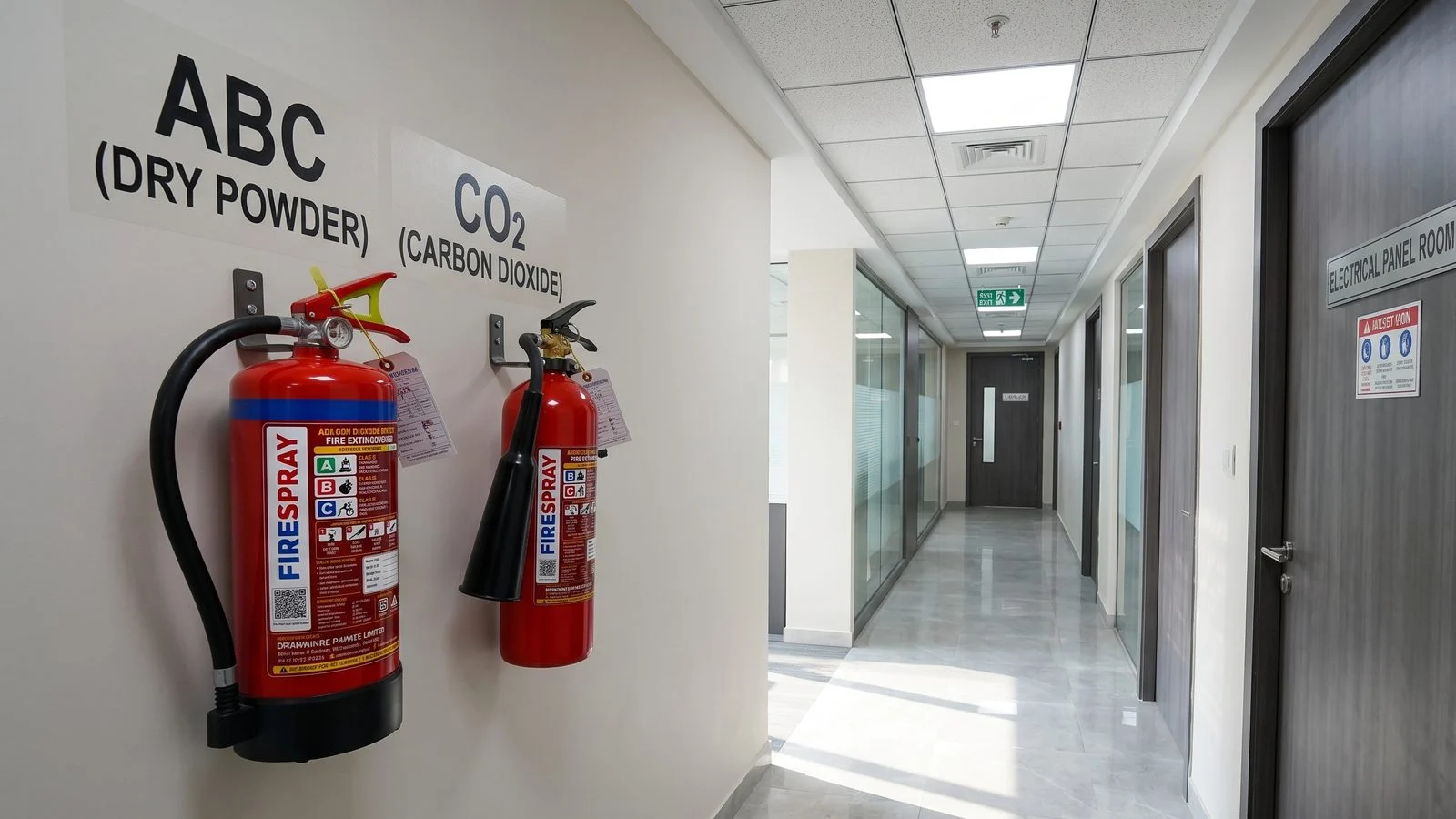FireSpray ABC dry powder and CO2 fire extinguishers mounted side by side in an office corridor next to an electrical panel room