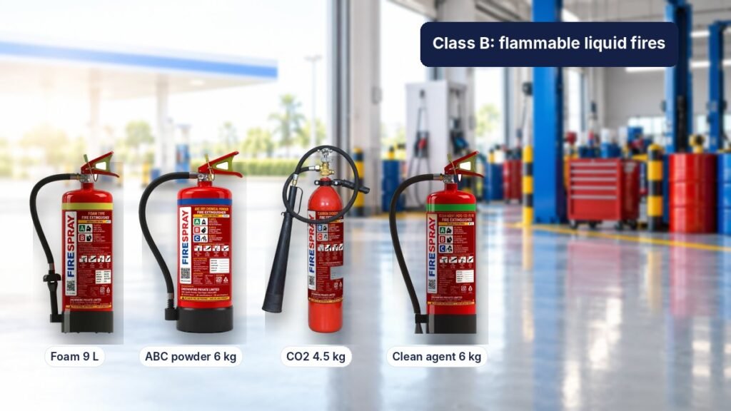 Class B fire extinguishers for flammable liquids lined up in a fuel station workshop: foam, ABC dry powder, CO2 and clean agent