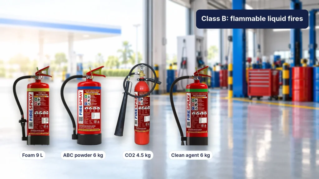 Class B fire extinguishers for flammable liquids lined up in a fuel station workshop: foam, ABC dry powder, CO2 and clean agent