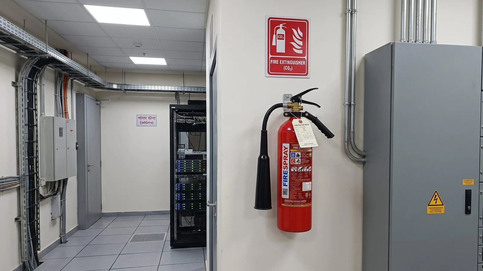 FireSpray CO2 fire extinguisher mounted below a CO2 sign in a server room beside an electrical distribution panel