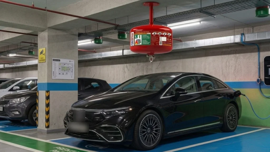Electric car charging in a basement parking in India with a FireSpray ceiling-mounted modular lithium-ion fire extinguisher above the bay