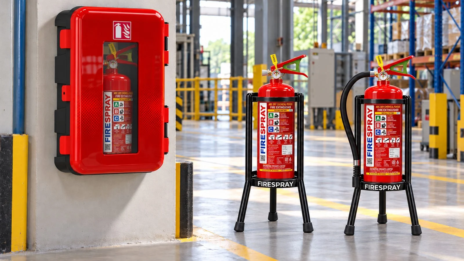Red wall-mounted fire extinguisher box with a FireSpray ABC extinguisher inside and two FireSpray extinguishers on black floor stands in a warehouse aisle