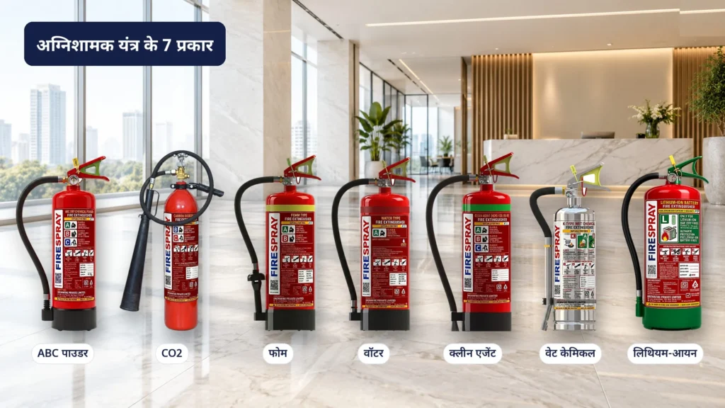 भारत में इस्तेमाल होने वाले सात प्रकार के अग्निशामक यंत्र (fire extinguisher) एक ऑफिस लॉबी में: ABC पाउडर, CO2, फोम, वॉटर, क्लीन एजेंट, वेट केमिकल और लिथियम-आयन