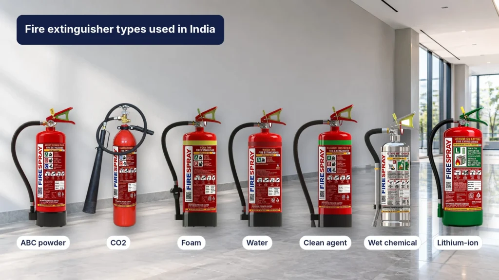 Seven fire extinguisher types used in India lined up in an office lobby: ABC powder, CO2, foam, water, clean agent, wet chemical and lithium-ion