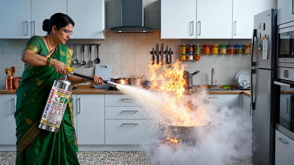 Woman in a home kitchen in India spraying a FireSpray stainless steel K-type wet chemical fire extinguisher onto a burning kadhai of cooking oil on the stove