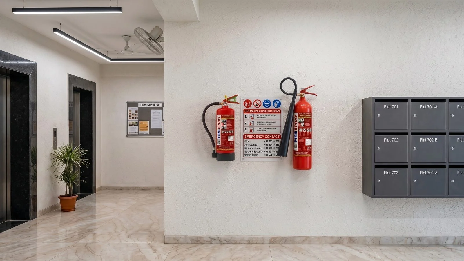Lift lobby of an Indian housing society with a FireSpray ABC and a CO2 fire extinguisher mounted on the wall beside a fire safety sign